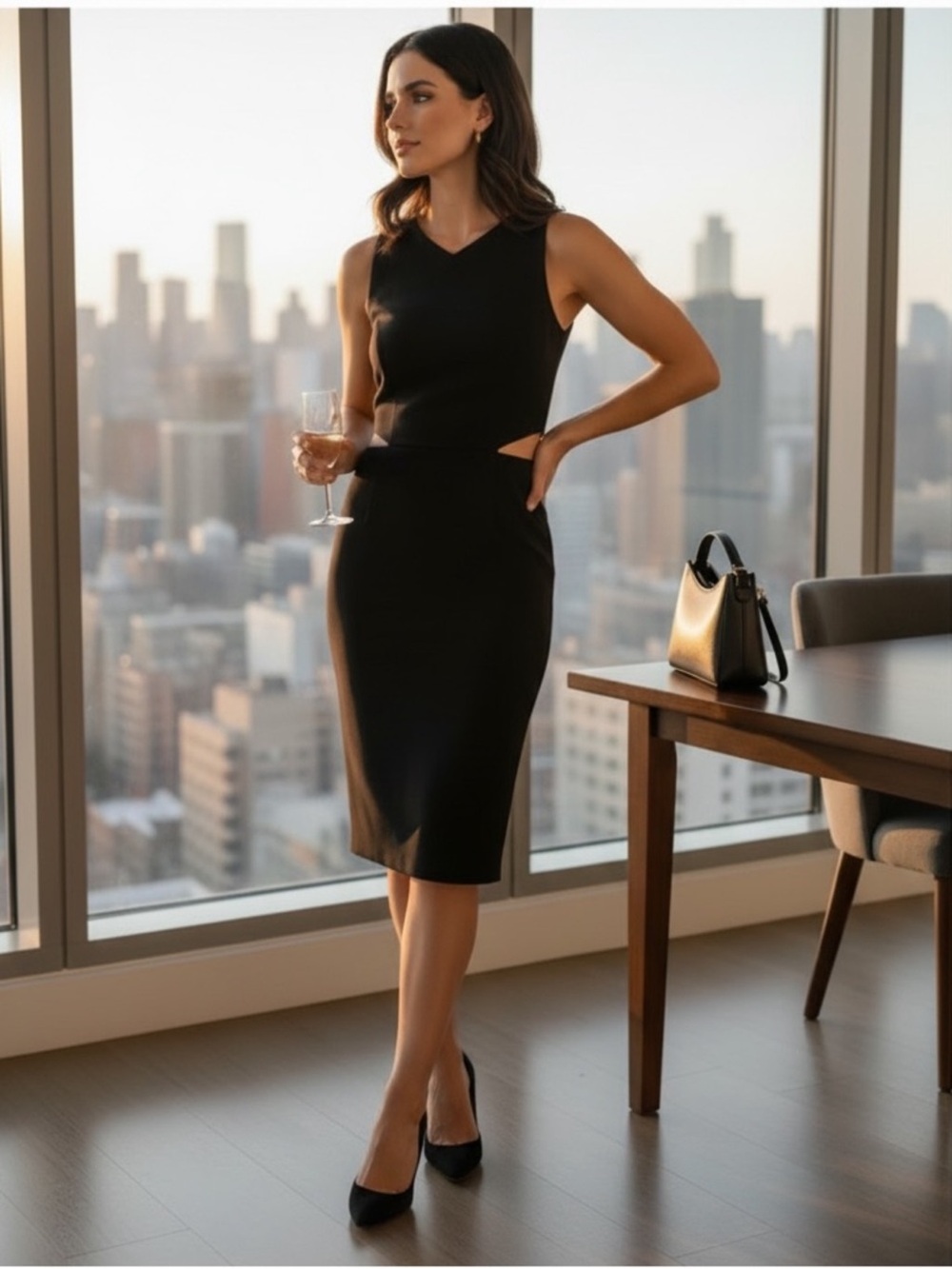 French Connection contemporary black cotton sleeveless cut out waist dress size8